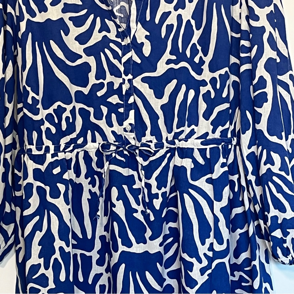 Linen blend coastal drawstring waist mini dress exaggerated sleeve blue white XL - Picture 4 of 7